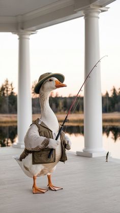 a duck with a hat, vest and fishing rod is standing on the porch next to a lake