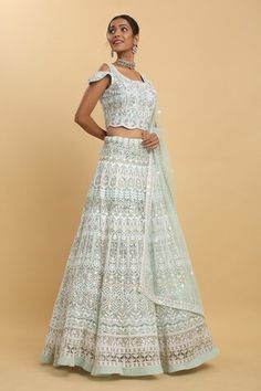 Pastel sea green attached can-can lehenga featuring floral thread and mirror embroidery. Paired with a co-ordinating padded blouse and an embroidered sheer dupatta. - Aza Fashions White Self Design Sets For Reception, White Sets For Reception With Unique Design, White Self-design Sets For Reception, Sheer Dupatta, Mirror Embroidery, Padded Blouse, Can Can, Sea Green, Set For Women