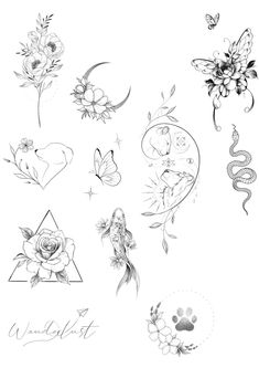 some flowers and other tattoos on a white background