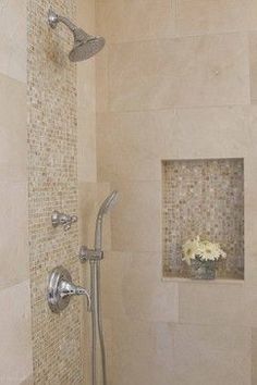 a bathroom with a shower head and tiled walls in the shower area, along with an instagram post about how to use tile