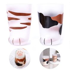 two cups with different designs on them, one is white and the other is brown