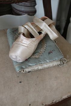 a pair of ballet shoes sitting on top of a cushion