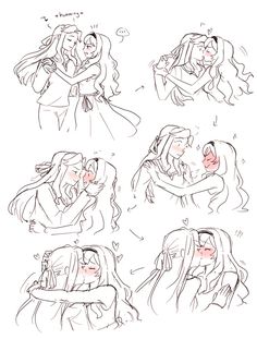 some drawings of people hugging and kissing each other in different poses, with one woman holding the