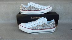 Custom Studded Converse Shoes Swarvoski & Spikes by CustomStudded, $200.00 Diamond Necklace Tattoo, Bling Clothes, Total Girl, Shoe Designs, Bling Shirts, Boho Chic Earrings, Mom Hats, Redondo Beach