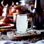 a pitcher of milk sitting on top of a table