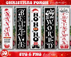 three christmas porch signs with santa's stockings and presents on the front, in black and white