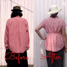 before and after photos of a woman's pink shirt with the back turned down