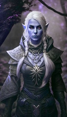 a woman with white hair and green eyes in a forest wearing an elf - like outfit