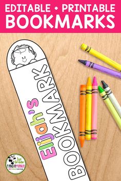 a bookmark with markers and crayons on it next to some colored pencils