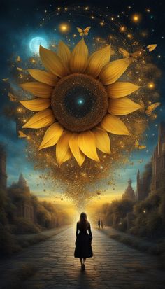 a woman standing in front of a sunflower on a dark road with butterflies flying around