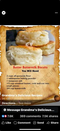 the menu for butter buttermilk biscuits is displayed on an iphone screen, with information about it