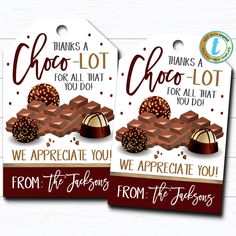 two valentine's day tags with chocolates on them