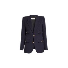 Saint Laurent wool blazer jacket features gold-tone button details Single-breasted front Peak lapel collar  Button front  Long sleeves; button cuffs  Front flap pockets  Mid-length  Relaxed fit Wool Made in Italy Peak Lapel, Wool Blazer, Lapel Collar, Flap Pocket, Blazer Jacket, Neiman Marcus, Saint Laurent, Tops Designs, In Italy