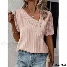 Olivia Mark - Comfortable Leisure Round Neck Solid Color Lace Sleeve Patchwork Short Sleeve Shirt Lace Outfit, Mini Robes, Lace Collar, Solid Clothes, Dressy Tops, Lace Shirt, Lace Sleeves, Plus Clothing, Lace Shorts