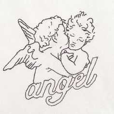 an embroidered image of two angels hugging each other with the word angel written in cursive font