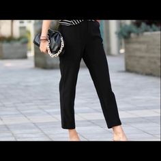 Stretch Dress Pants With Side Pockets Elastic Back Waist Band In Heavy Fabric. Black Ankle-length Dress Pants For Business Casual, Black Office Lady Bottoms For Spring, Black Spring Office Bottoms, Black Spring Bottoms For Office, Black Ankle-length Dress Pants For Office, Elegant Black Dress Pants For Office, Black Office Lady Bottoms For Workwear, Black Bottoms For Office Wear, Black Office Pants For Spring