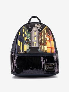 a backpack with an image of a building on the front and back side, in black