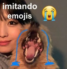 a woman holding a dog in her arms with emojis on it's face