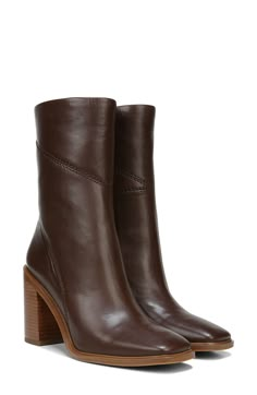 A block heel elevates the profile of a streamlined leather bootie finished with a squared off toe. Style Name:Franco Sarto Stevie Bootie (Women). Style Number: 6122798. Franco Sarto Boots, Brown Booties, Block Heel Boots, Brown Heels, Famous Footwear, Franco Sarto Shoes, Boots Fall, Dark Brown Leather, Spring Shoes