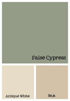 the color scheme for an antique white and pale green paint palette with text that says false cypress