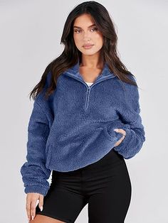 The Oversized Fleece Half Zipper Pullover is designed for maximum comfort, made with high-quality heavyweight cotton-blend fleece for warmth and softness. Its oversized fit makes it perfect for layering, with a half-zip closure for easy wearability. Enjoy stylish warmth this season. 100% Polyester Imported Pull On closure Machine Wash Brand Size Dress Bust Waist Hip XS 0-2 31-32.5'' 23-24'' 31-34" S 4--6 33-35'' 25-26'' 35-37" M 8--10 35-36'' 27-28'' 38-39" L 12--14 38-40'' 29-31'' 40-42" XL 14- Cozy Half-zip Sweatshirt With Fleece Lining, Blue Fleece-lined Outerwear For Loungewear, Oversized Cozy Half-zip Sweater, Blue Oversized Fleece Outerwear, Blue Half-zip Lounge Top, Blue Half-zip Top For Loungewear, Cozy Blue Fleece Jacket With Fleece Lining, Blue Comfortable Sweatshirt With Fleece Lining, Blue Half-zip Sweater For Winter