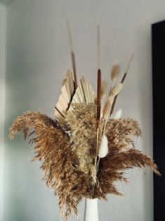 a white vase filled with dried grass and feathers