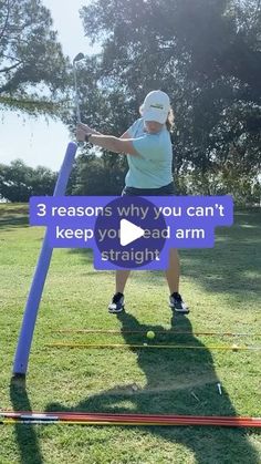 a woman hitting a golf ball with a tee on the grass and text that reads, 3 reason why you can't keep yo - bad arm straight