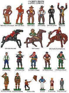 some toy figurines that are all different colors and sizes, including men with hats on