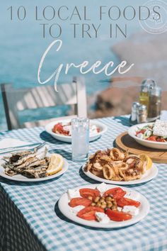 an outdoor table with plates of food on it and the words 10 local foods to try in greece