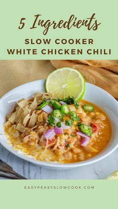 5 Ingredient Slow Cooker White Chicken Chili Pampered Chef White Chicken Chili, White Chicken Chili For A Crowd, White Bean Chicken Chili Crockpot, Ground Chicken Chili, Slow Cooker White Chicken Chili, Chicken Beans, White Chicken Chili Slow Cooker, White Chicken Chili Recipe, Chicken Chili Crockpot