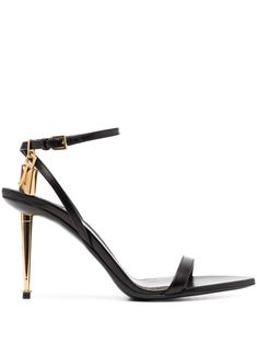 black leather padlock detail gold-tone hardware slender strap across the foot open toe buckle-fastening ankle strap leather sole high stiletto heel Luxury Formal T-strap Sandals With Single Toe Strap, Luxury Women's T-strap Toe Post Sandals, Tom Ford Gold Heels, Tom Ford Platform Heels, Luxury Black T-strap Heels, Black Tom Ford Heels, Luxury Leather T-strap Sandals With Open Heel, Mid Heel Sandals, Black Leather Sandals