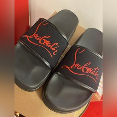 Brand New Never Worn Size 46 (Us 13) Christian Louboutin Sandals. Price Is $500 Firm. Retails $495 Plus Tax Totaling $543.51 Designer Slides With Branded Insole For Formal Occasions, Designer Slides With Leather Sole, Luxury Slides With Rubber Sole And Round Toe, Luxury Black Cushioned Slides, Luxury Black Slides With Rubber Sole, Designer Slides With Rubber Sole And Round Toe, Designer Slides With Round Toe And Rubber Sole, Luxury Black Slides With Leather Sole, Designer Black Slides With Rubber Sole