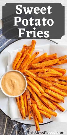 sweet potato fries on a plate with dipping sauce