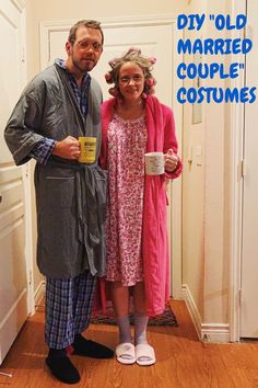 a man and woman are dressed up in costumes for a costume party with the caption, diy old married couple costumes