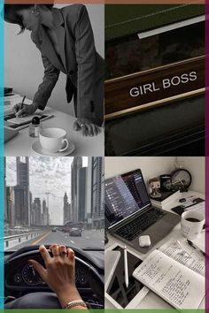 there is a collage of photos with women working on laptops