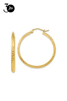 14K yellow gold diamond-cut hoop earrings. Measure approximately 1 3/16"L x 1/8"W and have saddleback backings. Textured Round Jewelry For Anniversary, Textured Yellow Gold Round Jewelry, Diamond Cut, Gold Diamond, Diamond Cuts, Hoop Earrings, Yellow Gold, Yellow, Gold