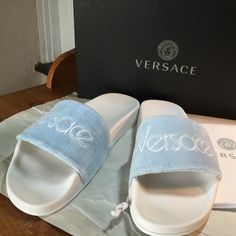 New Versace Slides . Ciabattina Model. New , Never Used. Size 38.5 - 8.5 . 10" Long From Tip To Tip. 3/4" Thickness At Heel. Made In Italy. Light Blue Flat Slides For Spring, Spring Light Blue Flat Slides, Designer Round Toe Summer Slides, Designer Summer Slides With Removable Insole, Designer Round Toe Slides For Summer, Designer Slides With Flat Heel For Summer, Designer Flat Slides For Summer, Designer Summer Flat Slides, Summer Designer Flat Slides