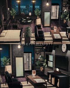 this is an aerial view of a living room with furniture and decor on display at night