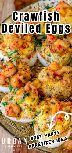 deviled eggs with shrimp on them and garnished with herbs