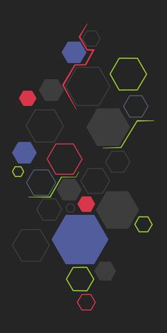 an abstract background with hexagons and lines in different colors on a black background