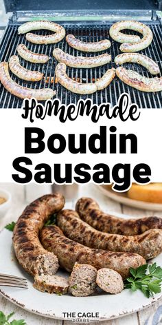 homemade boudiin sausages on the grill with text overlay