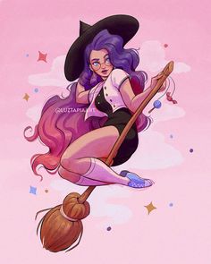 a drawing of a witch flying through the air with a broom and hat on her head