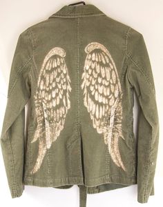 Moss Green Corduroy Blazer Jacket with Wing - interesting.  I wonder if that could be done with a bleach pen? Bleach Pen Designs, Shirt Makeover, Bleach Pen, Diy Jacket, Repurposed Clothing, Green Corduroy, Applique Shirts, Corduroy Blazer, Clothes Crafts