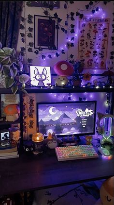 a computer desk topped with a monitor and keyboard