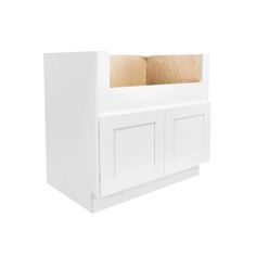 a white cabinet with two doors on the front and one door open to reveal something