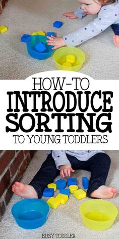 toddler playing with toys on the floor in front of a brick wall and text overlay that reads how to introduce sorting to young toddlers