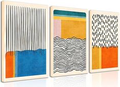 three canvases with different designs on the sides and one is blue, yellow, orange and white