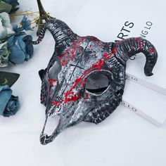 Halloween Horror Mask, Full Face Mask, Drama Party, Cosplay Props, Plastic Goat Animal Mask, Demon Goat Therian Mask, Novelty Masks For Cosplay And Halloween, Goat Skull Mask, Black Horned Mask For Cosplay, Metal Demon Mask, Goat Horns, Horror Masks, Mask Masquerade, Full Face Mask