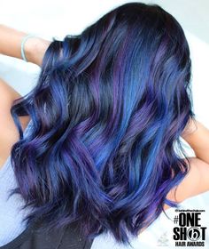 Deep Blue And Purple Hair, Blue And Purple Balayage, Vivid Color Hair, Purple And Blue Highlights, Hairstyles Ideas For Long Hair, Purple And Blue Hair, Purple Hair Streaks, Blue Hair Dark, Hair Color Placement