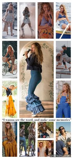 a collage of photos with women in different outfits and words that read, i wanna to see the world and make some memories